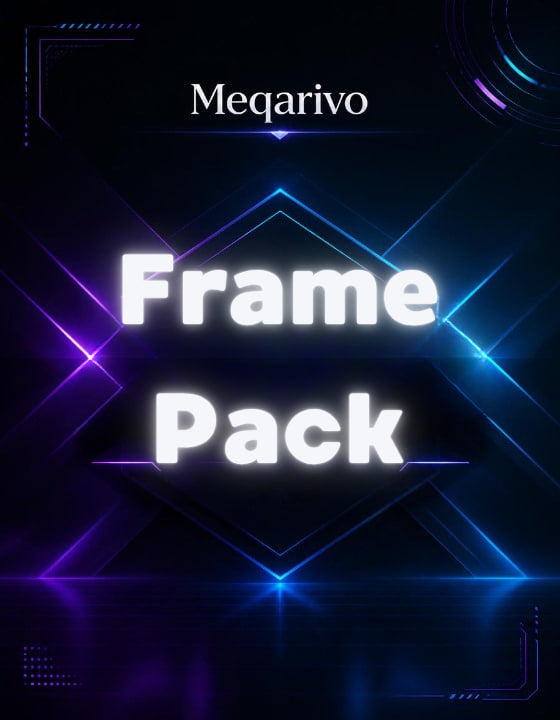 Neon text 'Frame Pack' with 'Meqarivo' brand on a dark background