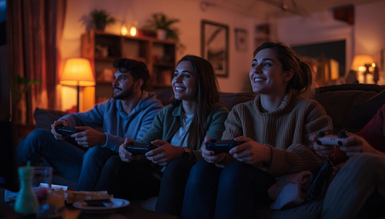 Three people sitting on a couch in a dimly lit room, playing video games.