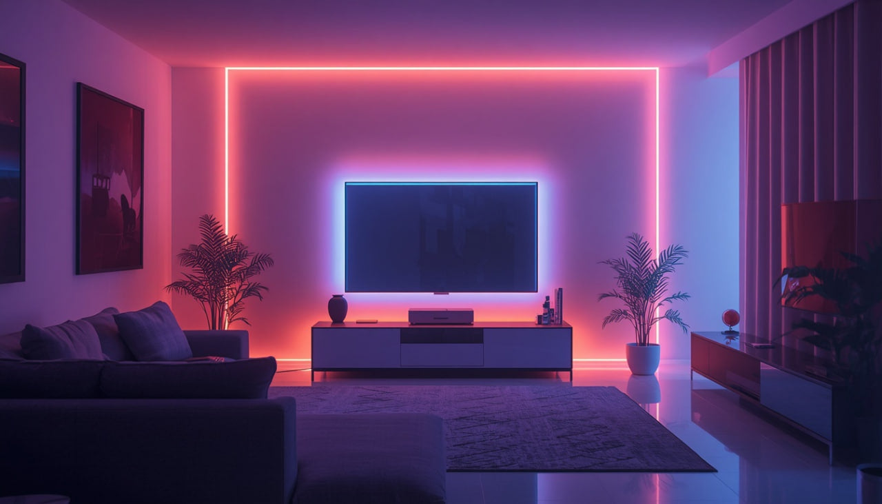 Modern living room with a television and neon lights creating a futuristic ambiance.