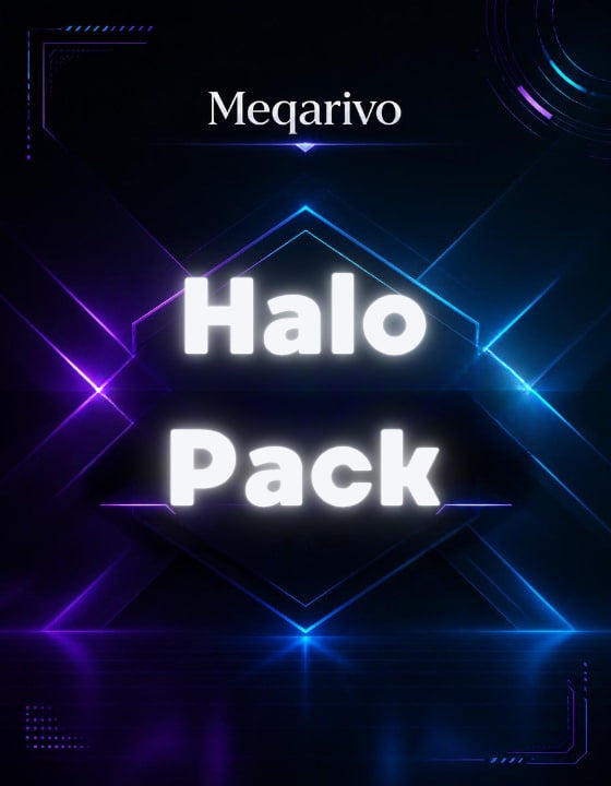 Promotional graphic for 'Halo Pack' by Meqarivo with futuristic design elements on a dark background.