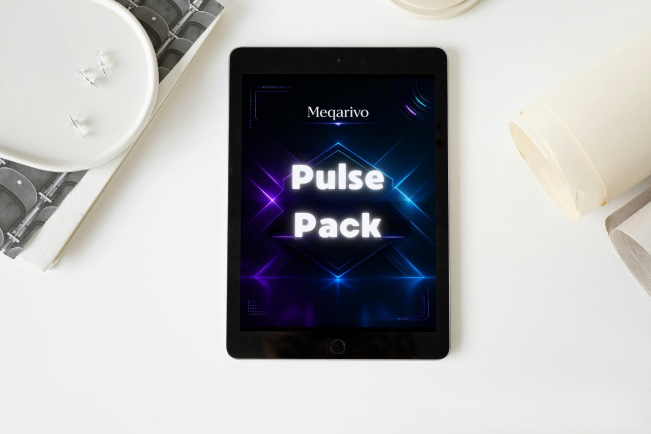 Tablet displaying 'Meqarivo Pulse Pack' on a white surface with decorative items.